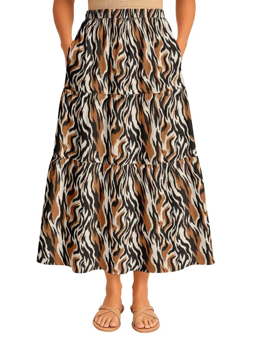 women animal print high rise maxi tiered skirt