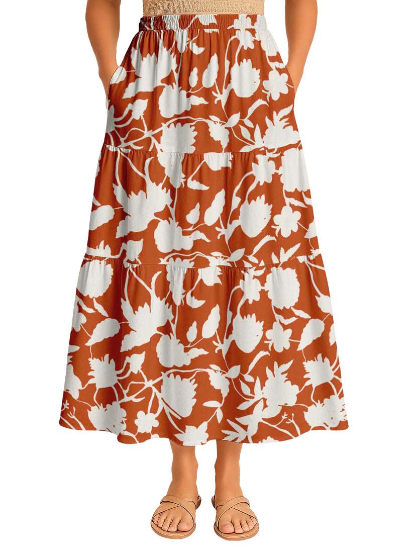 women floral printed high rise maxi tiered skirt
