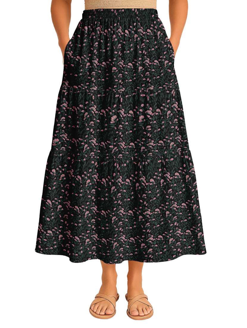 women floral printed high rise maxi tiered skirt