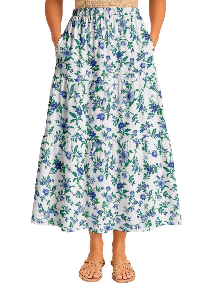 women floral printed high rise maxi tiered skirt