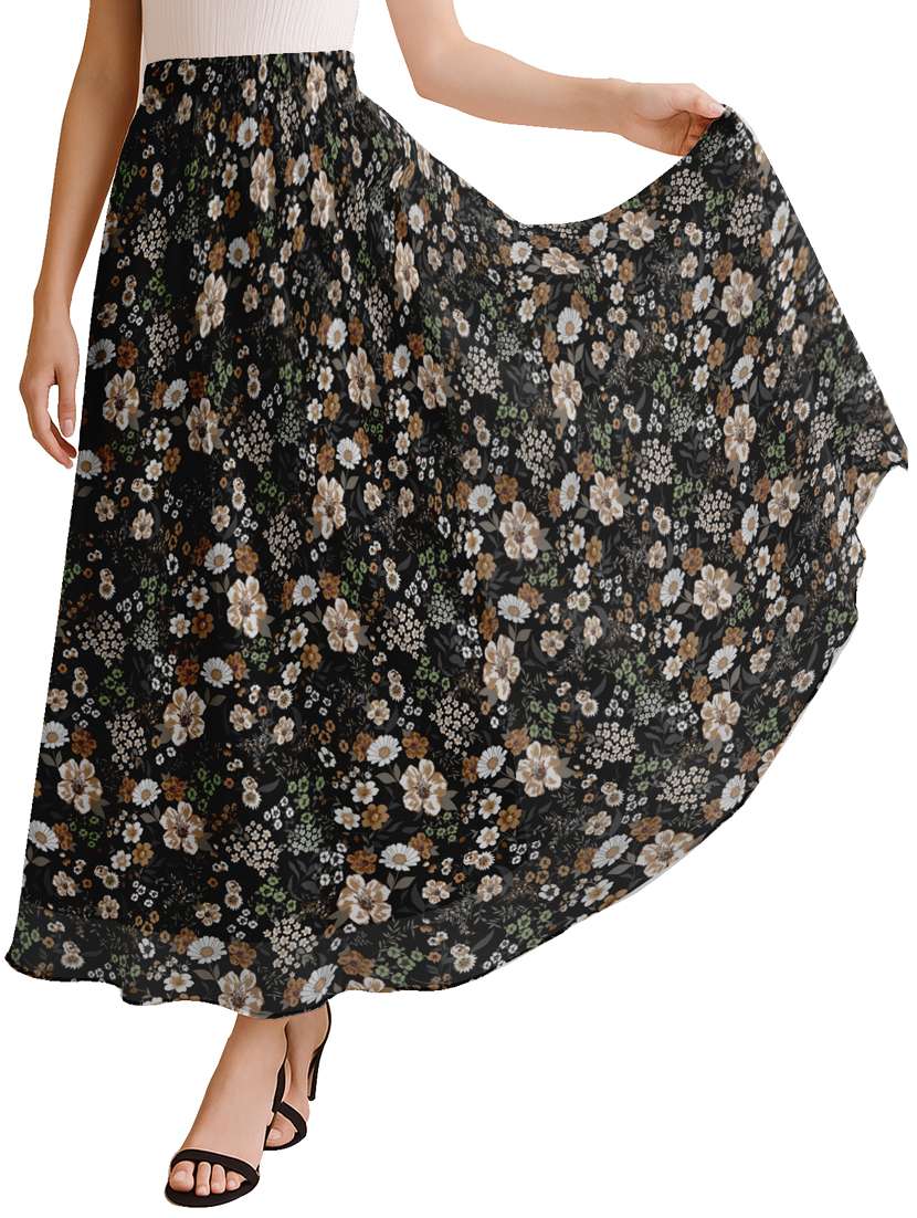 women floral printed high rise maxi flared skirt
