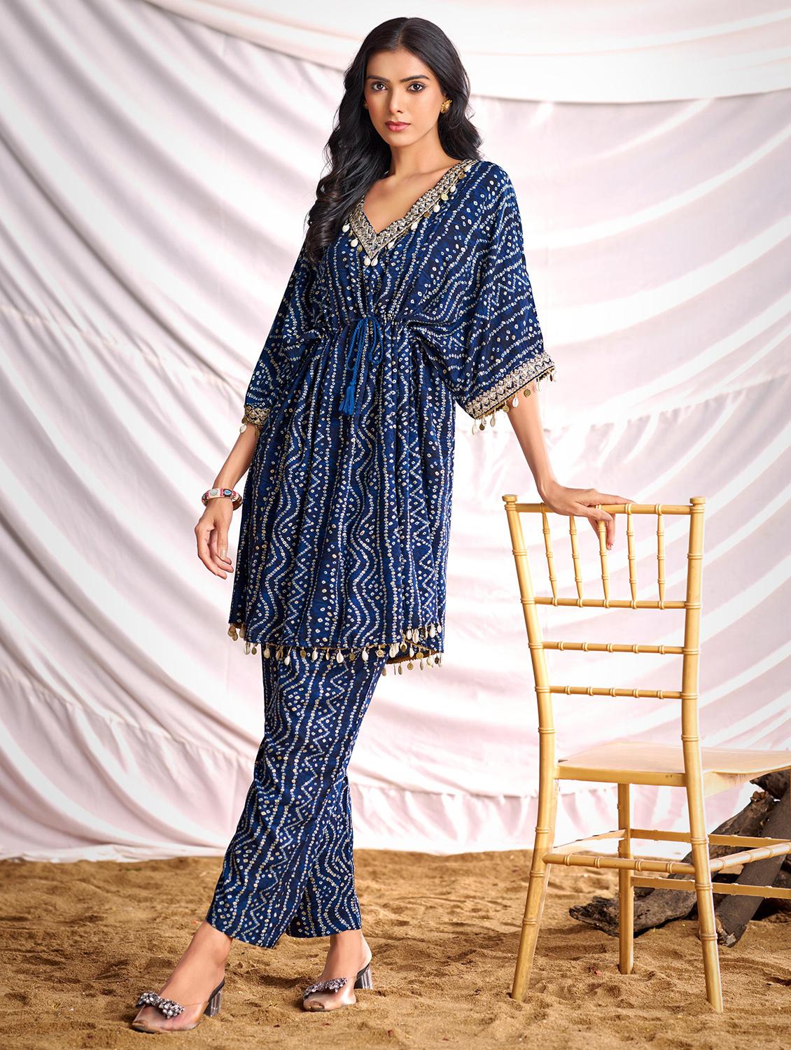 women bandhani printed kimono sleeve kaftan kurta pant set