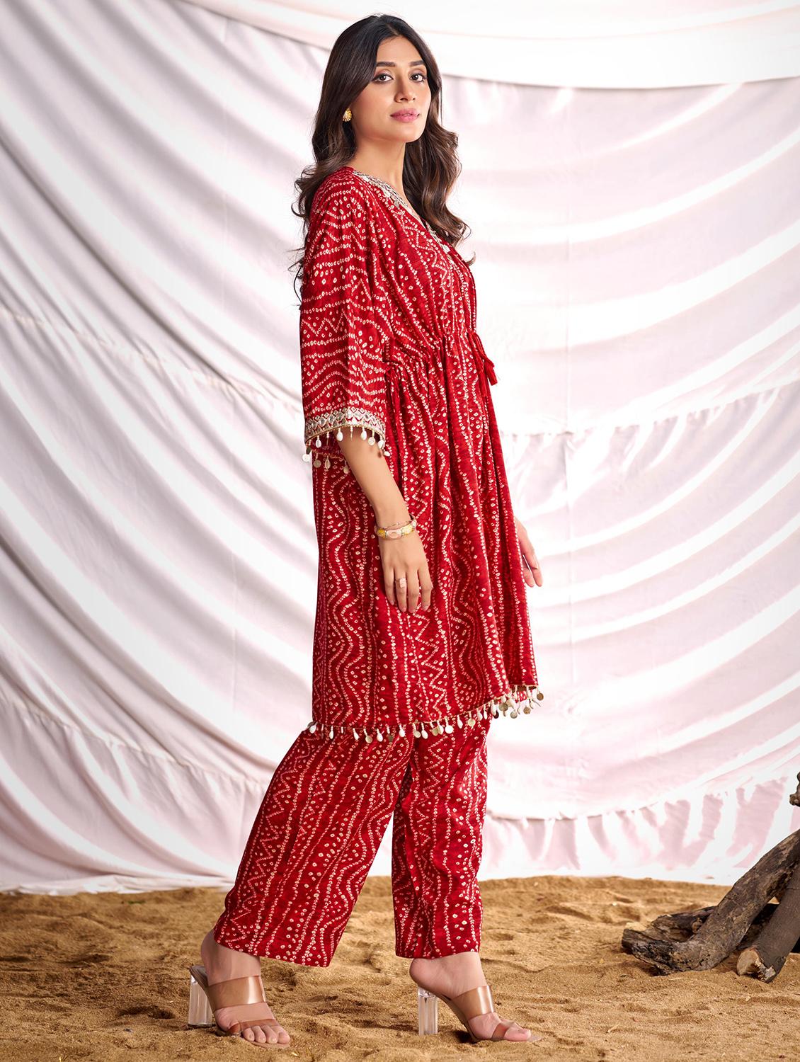 women bandhani printed kimono sleeve kaftan kurta pant set - 22006366 -  Standard Image - 1