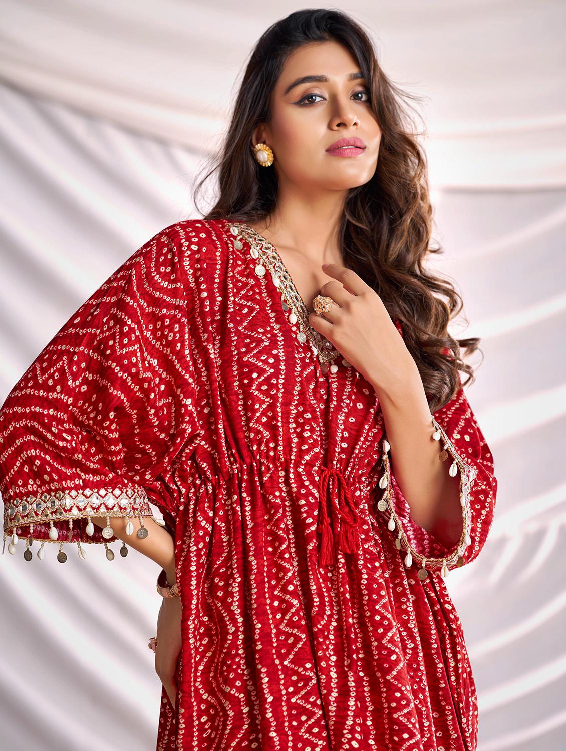 women bandhani printed kimono sleeve kaftan kurta pant set - 22006366 - Standard Image - 4