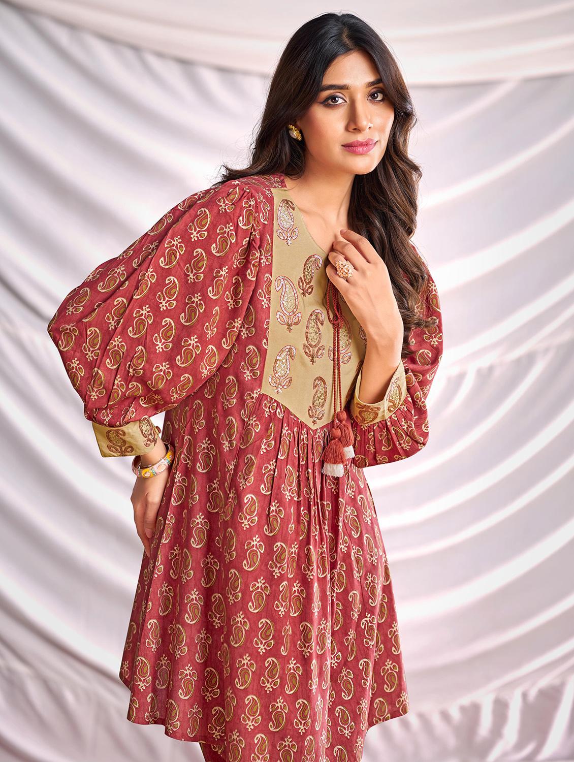 women paisley printed long sleeve kurta pant set - 22006368 -  Standard Image - 1