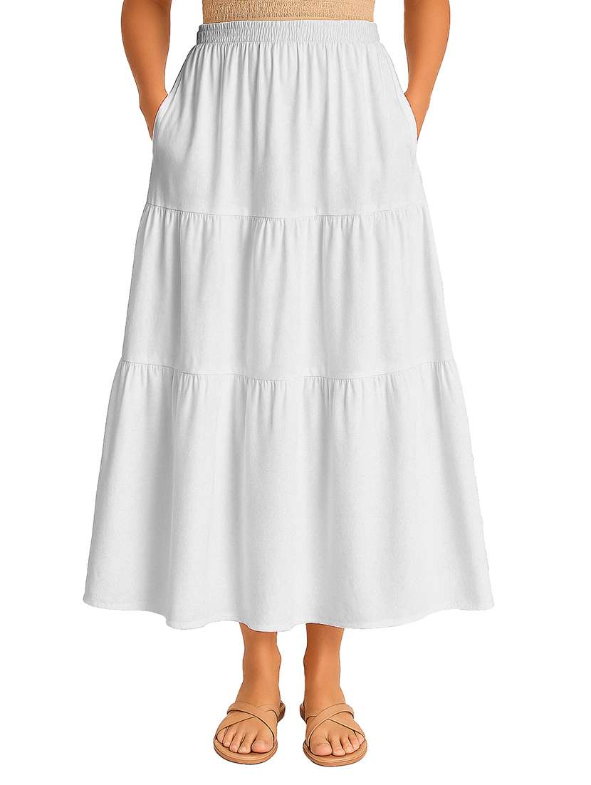 women solid high rise maxi tiered skirt