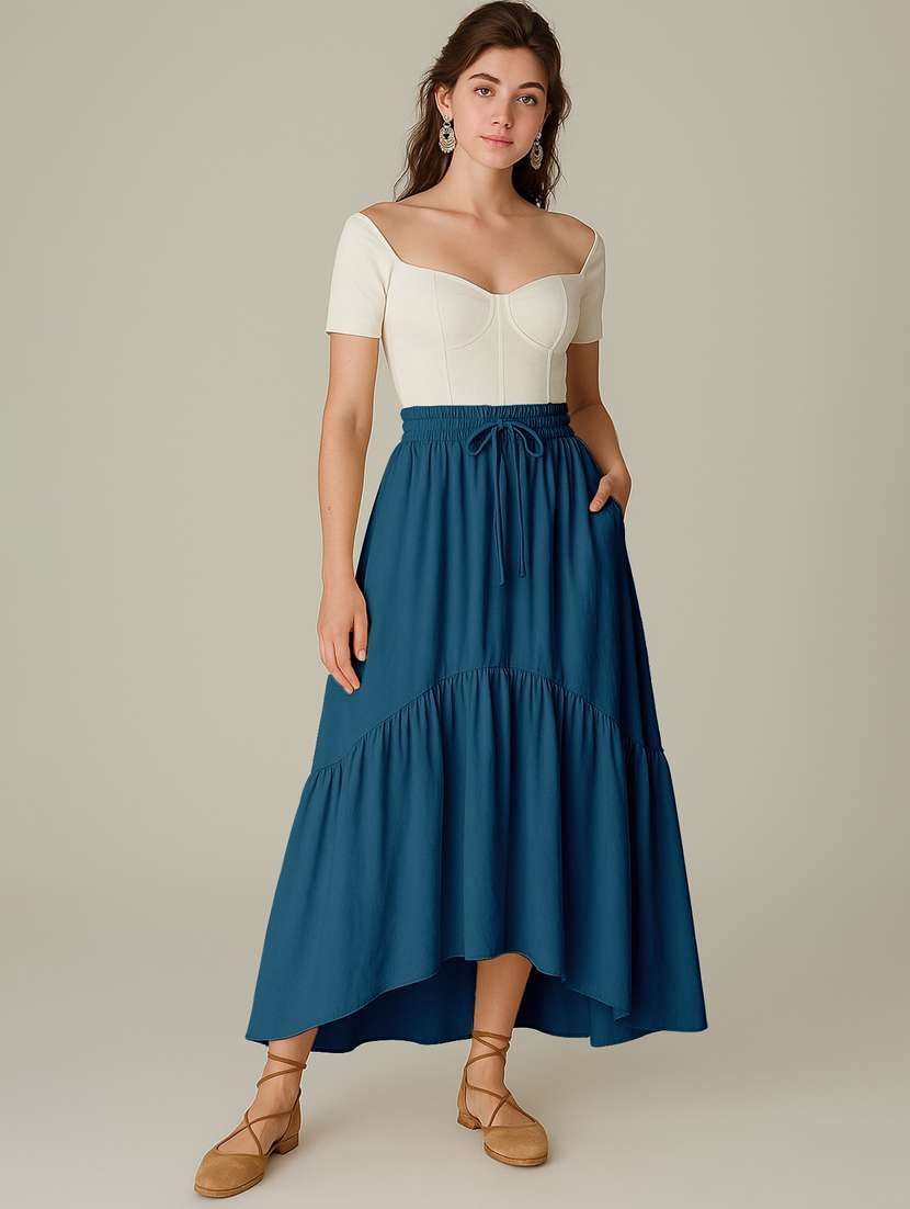 women solid high rise maxi tiered skirt - 22006389 -  Standard Image - 1