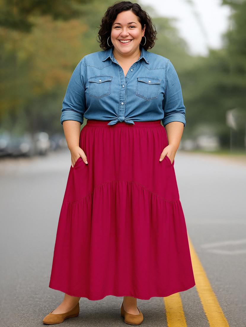women solid high rise maxi tiered skirt - 22006392 -  Standard Image - 1