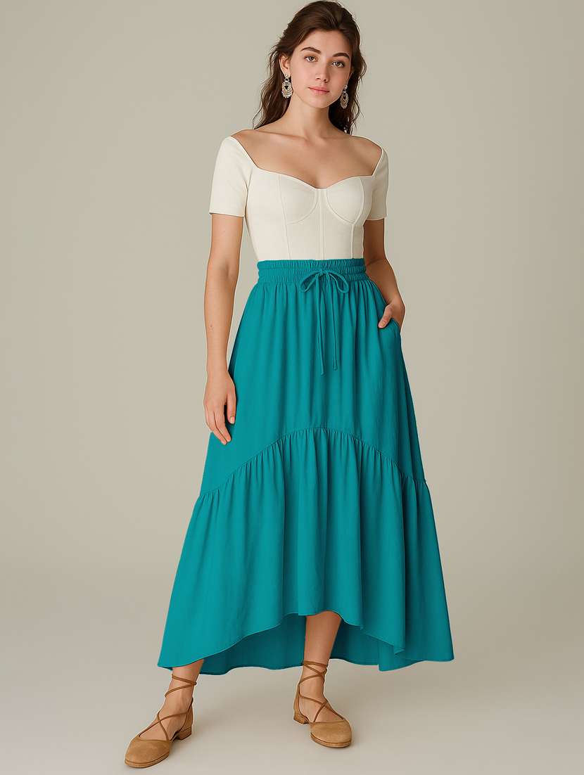 women solid high rise maxi tiered skirt - 22006394 -  Standard Image - 1