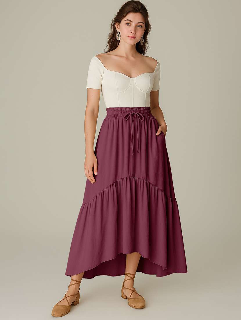 women solid high rise maxi tiered skirt - 22006395 -  Standard Image - 1