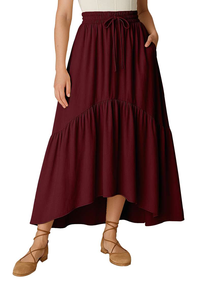 women solid high rise maxi tiered skirt
