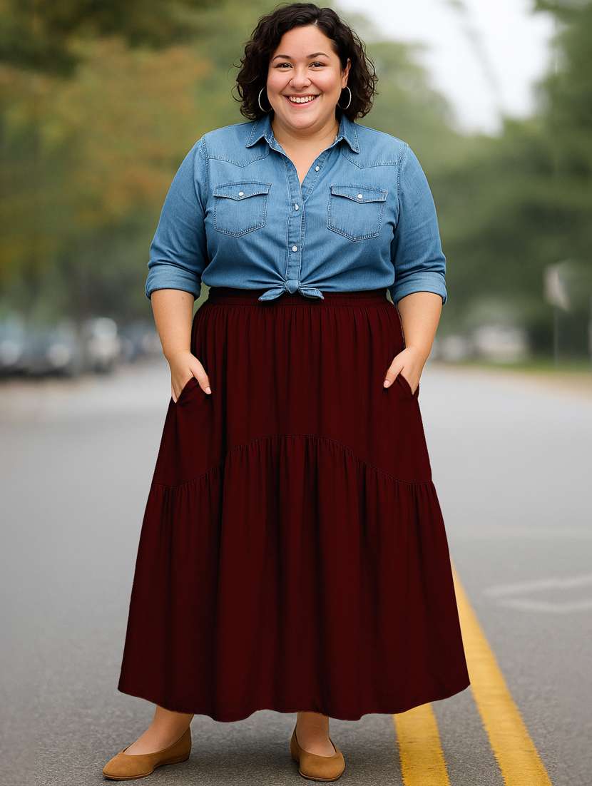 women solid high rise maxi tiered skirt - 22006396 -  Standard Image - 1