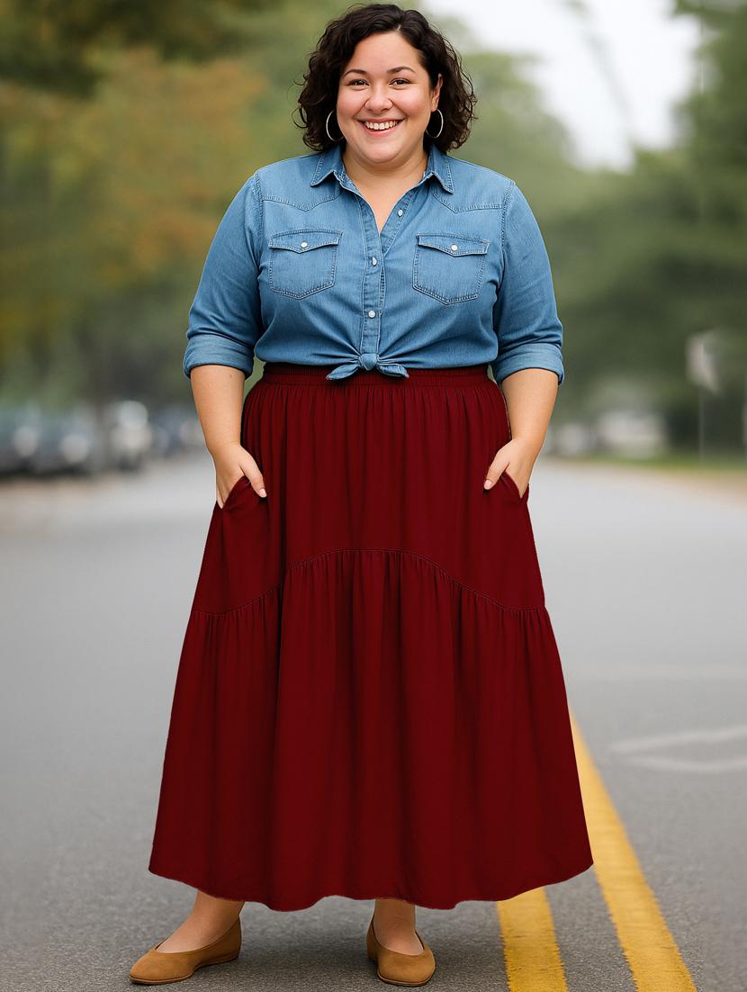 women solid high rise maxi tiered skirt - 22006397 -  Standard Image - 1