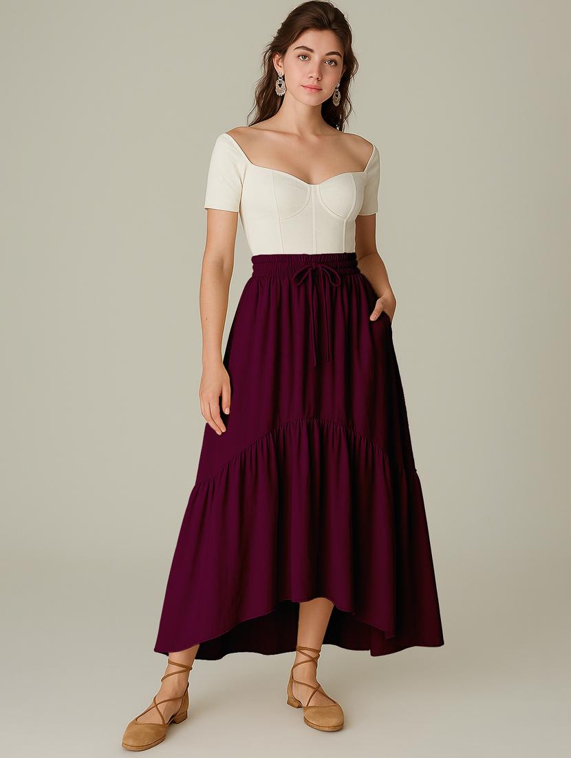 women solid high rise maxi tiered skirt - 22006398 -  Standard Image - 1