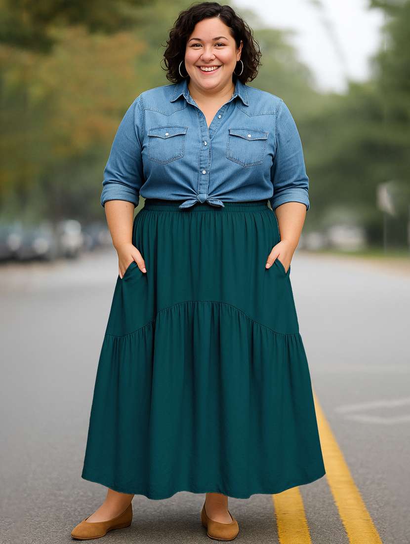 women solid high rise maxi tiered skirt - 22006399 -  Standard Image - 1