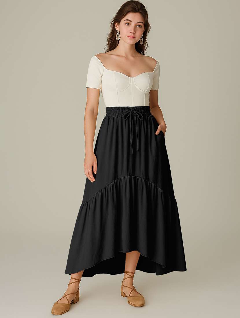 women solid high rise maxi tiered skirt - 22006400 - Standard Image - 1