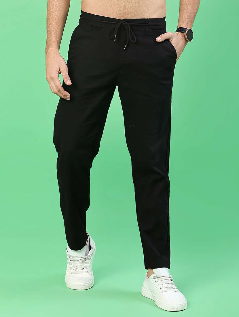 men black cotton flat front casual trouser
