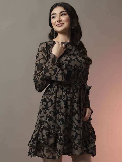 women printed long sleeve fit & flare dress - 22006870 -  Standard Image - 0