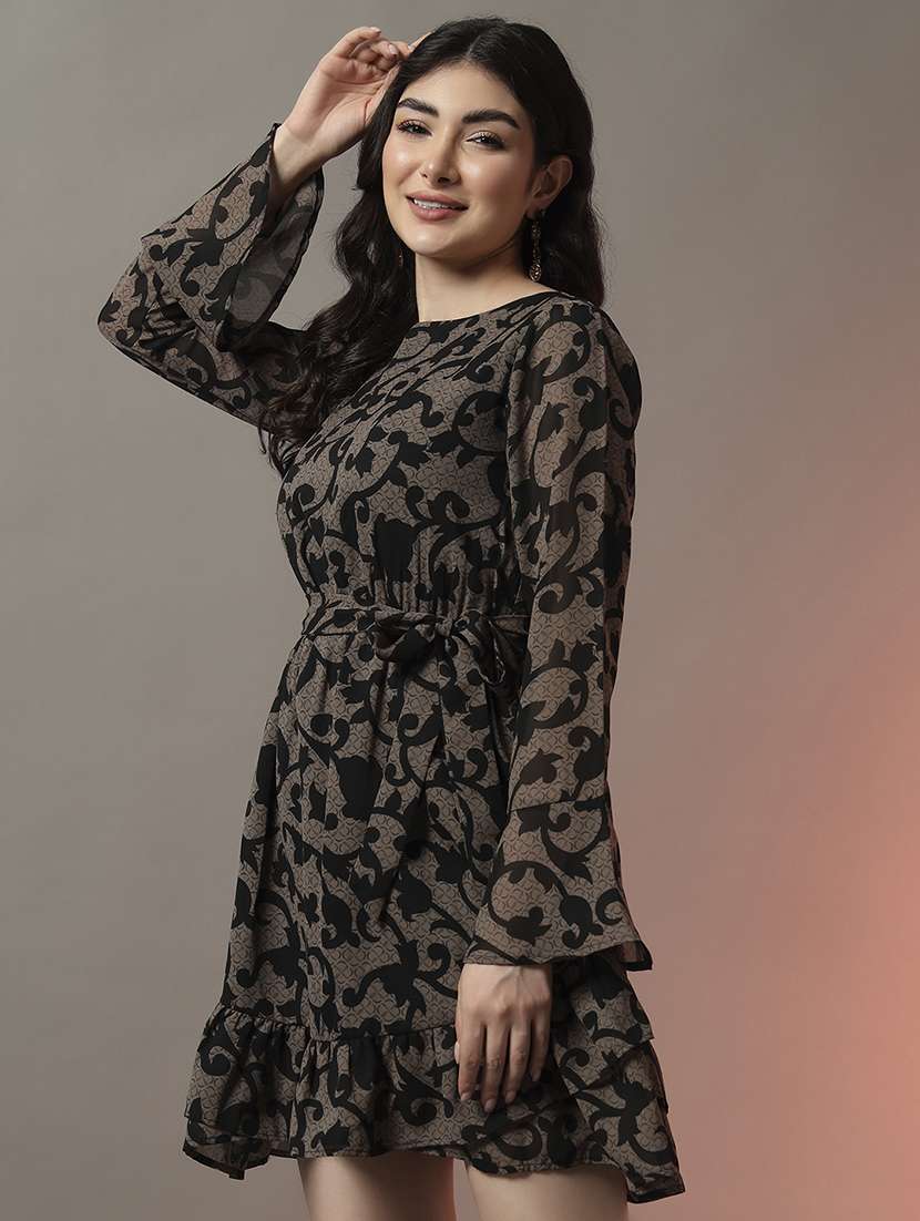 women printed long sleeve fit & flare dress - 22006870 - Standard Image - 1