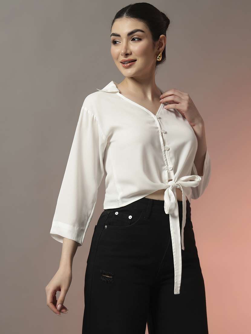 women solid three quarter sleeve tie up detail crop top - 22006890 - Standard Image - 1