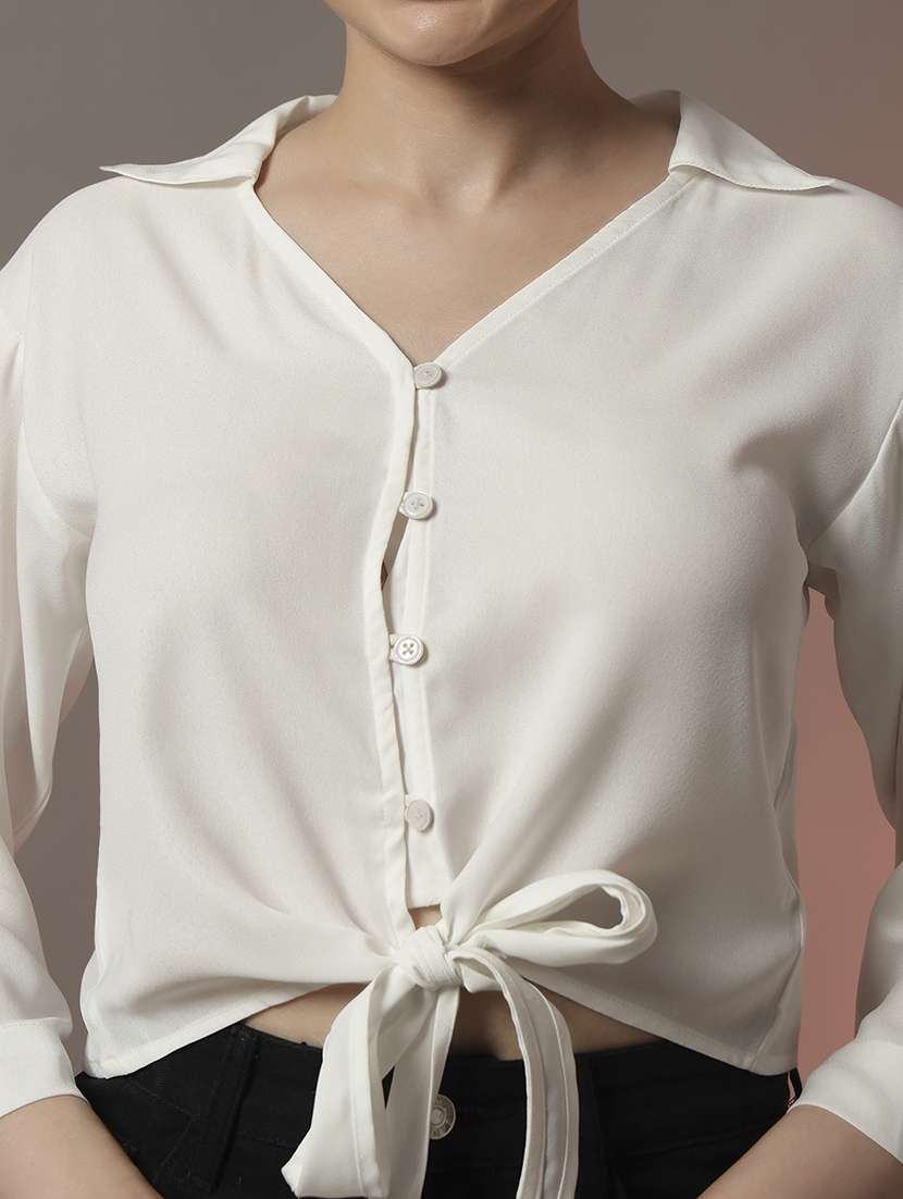 women solid three quarter sleeve tie up detail crop top - 22006890 - Standard Image - 4