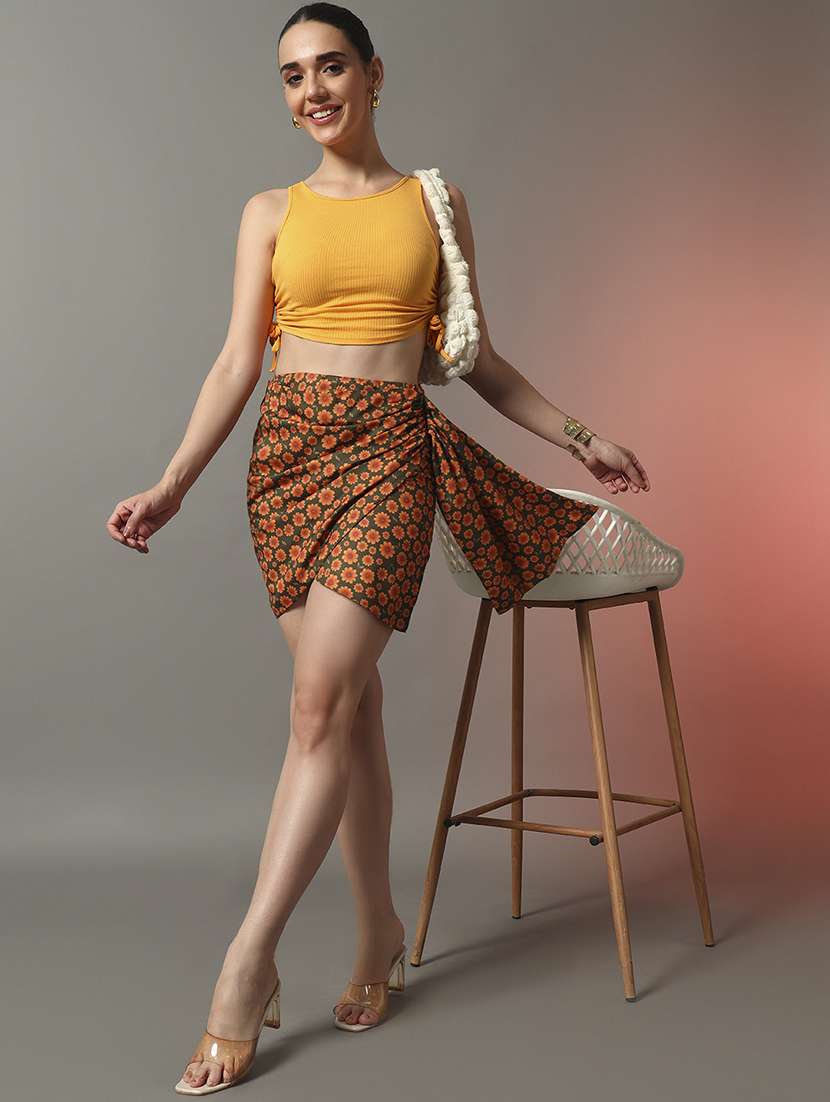 women yellow floral printed high rise tulip skirt - 22006895 - Standard Image - 4