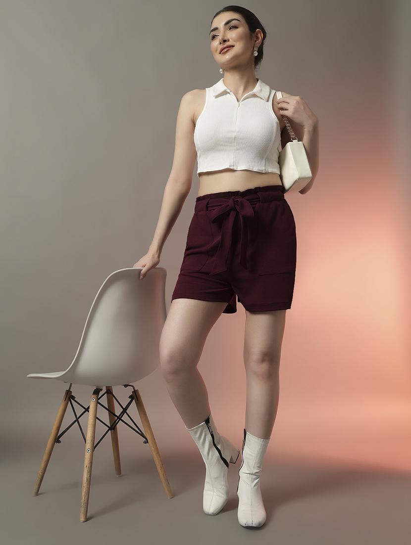 women solid high rise regular fit shorts - 22006903 - Standard Image - 4