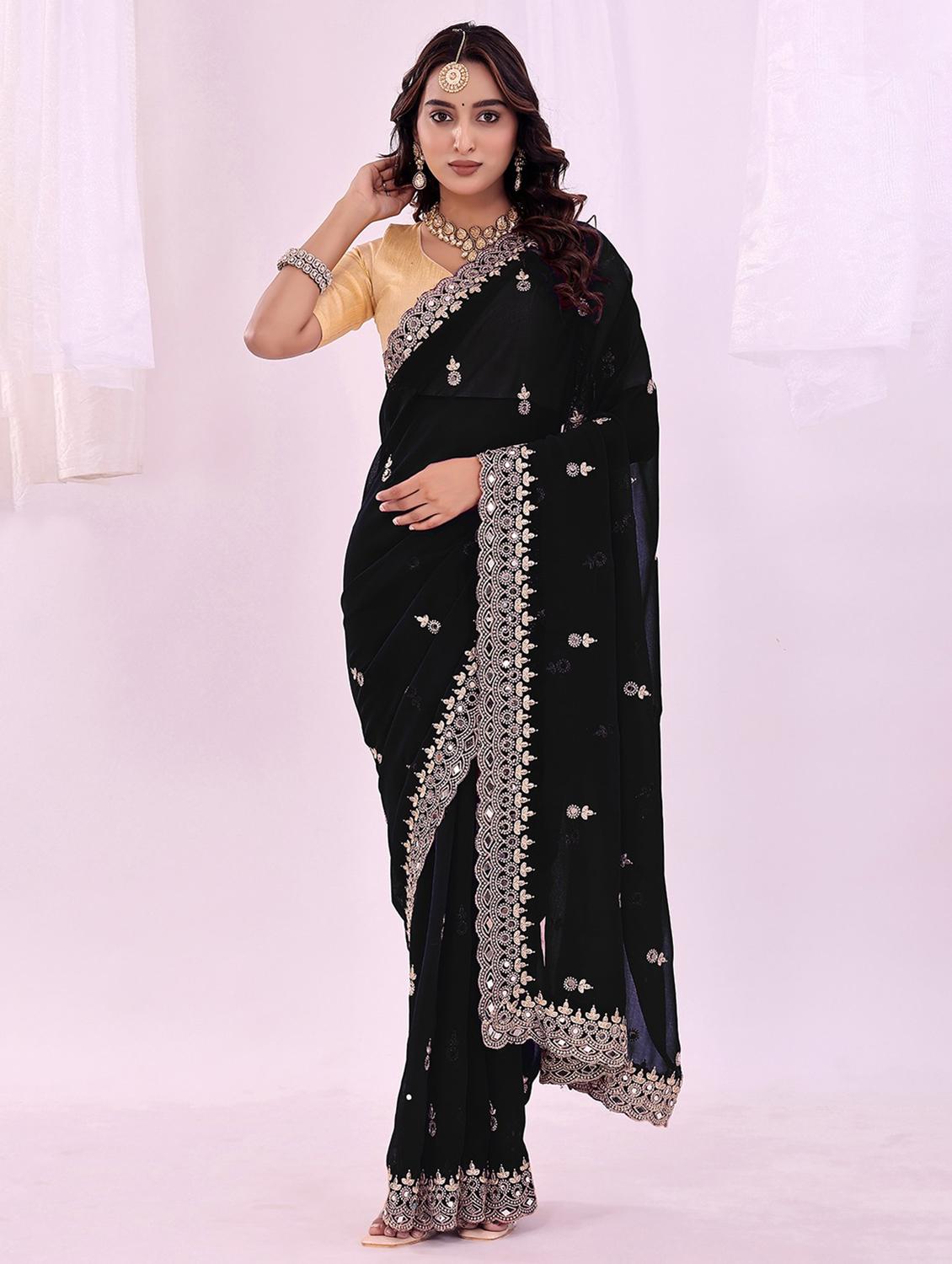 women solid with work embroidered saree with blouse - 22007203 -  Standard Image - 1