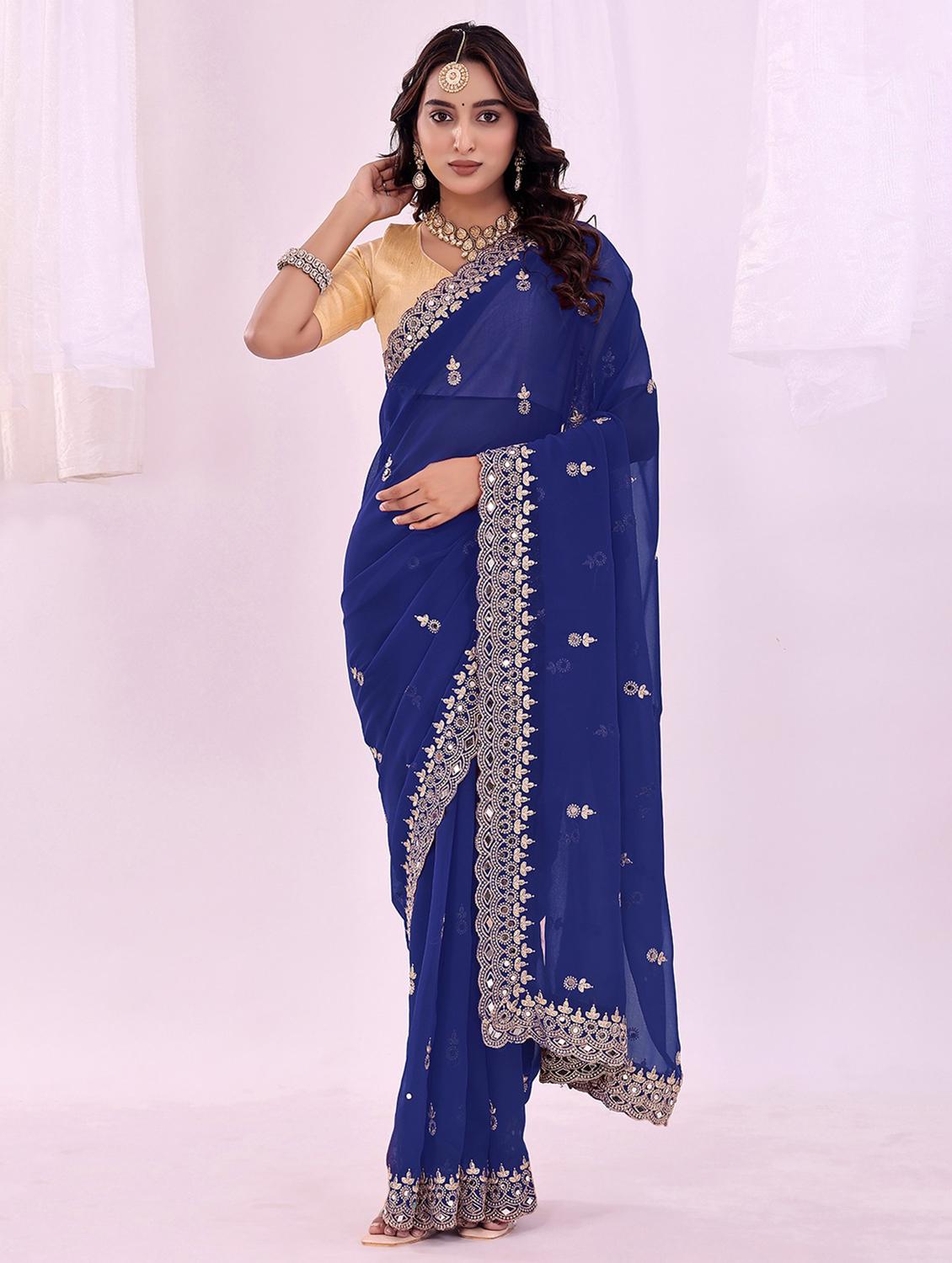 women solid with work embroidered saree with blouse - 22007206 - Standard Image - 1