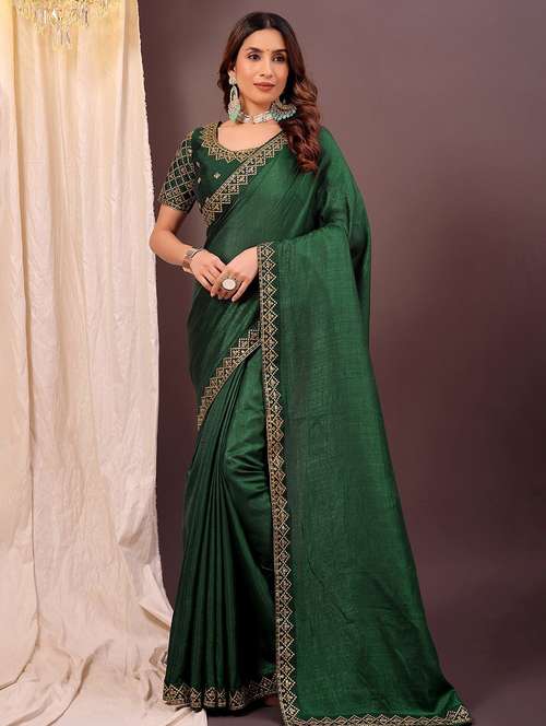 women solid with bordered saree with blouse - 22007209 -  Standard Image - 0