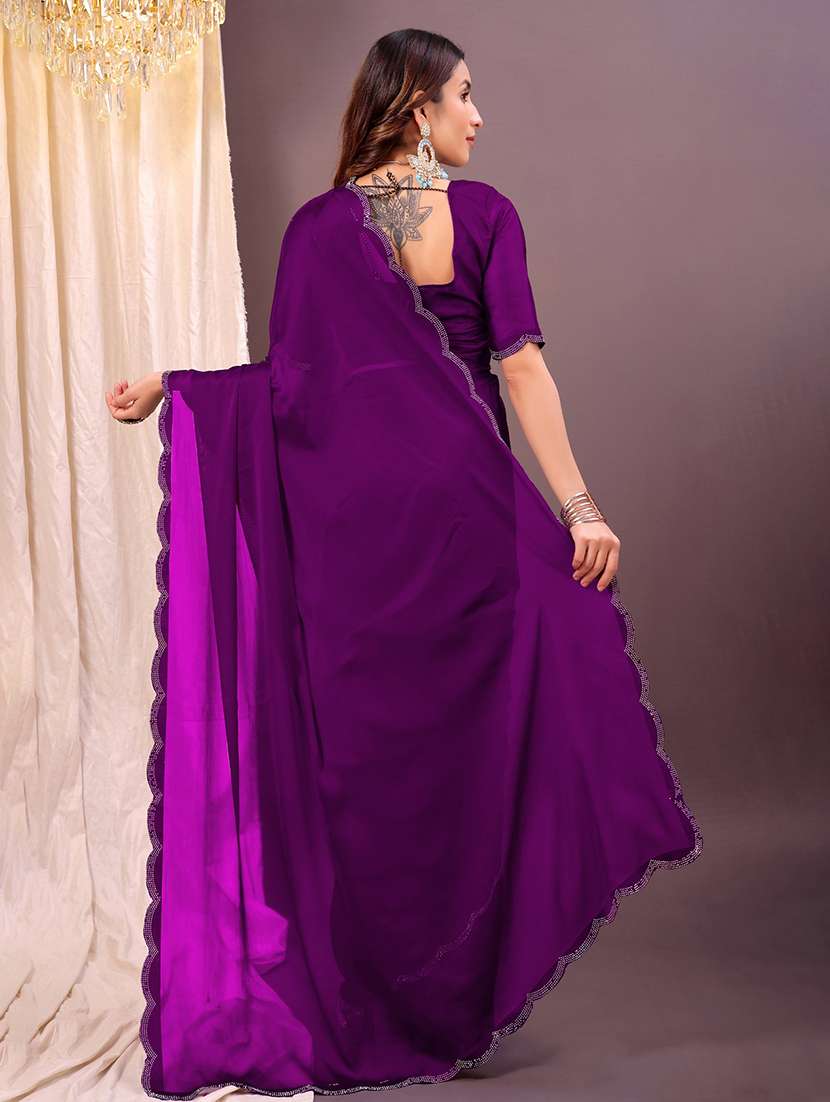 women solid with bordered embellished saree with blouse - 22007222 -  Standard Image - 1