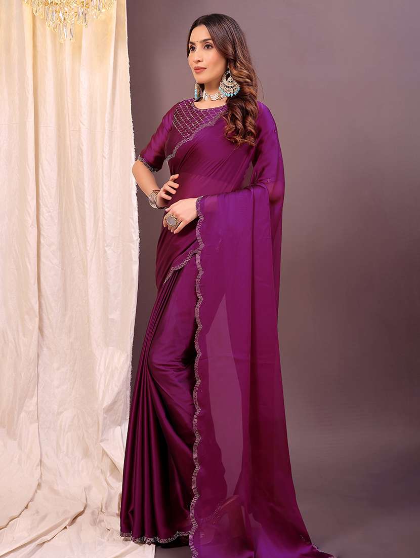 women solid with bordered embellished saree with blouse - 22007224 -  Standard Image - 1