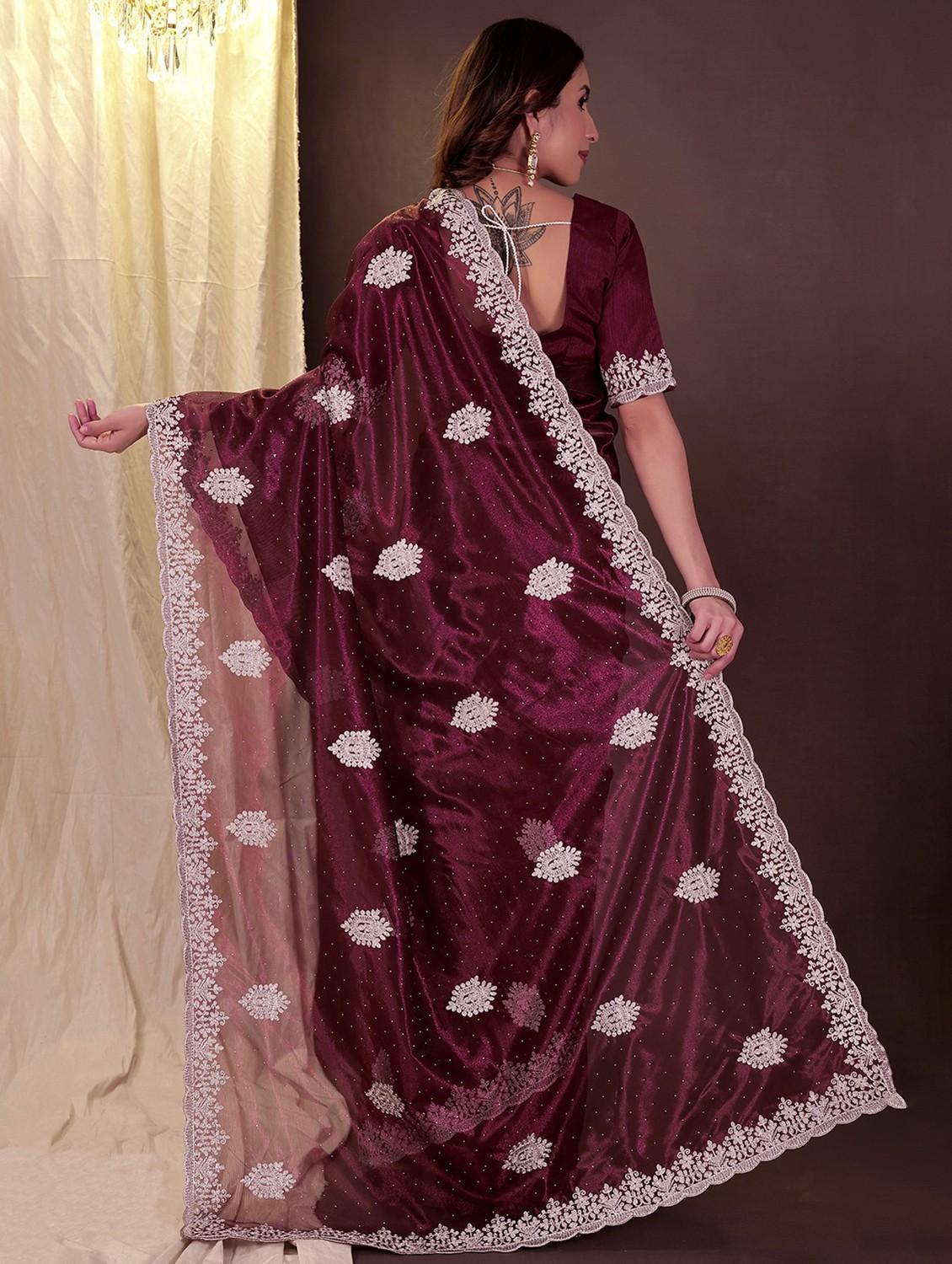 women solid with work embroidered saree with blouse - 22007230 -  Standard Image - 1
