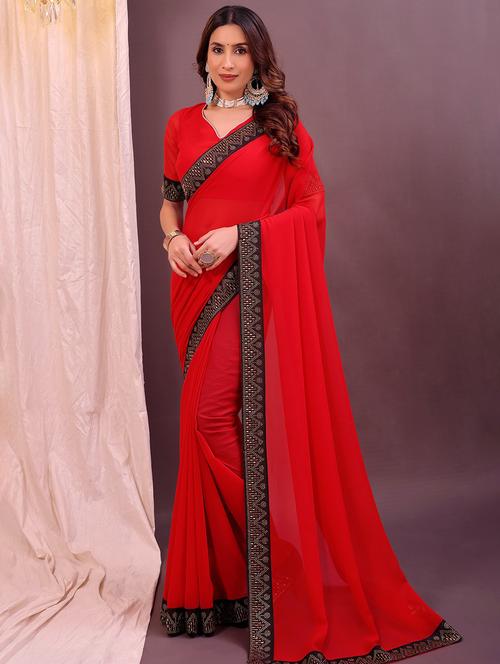 women solid with bordered saree with blouse - 22007232 - Standard Image - 0