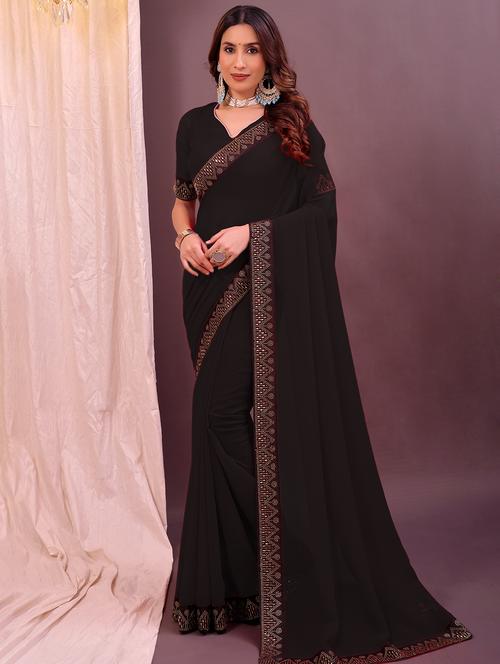 women solid with bordered saree with blouse - 22007234 -  Standard Image - 0