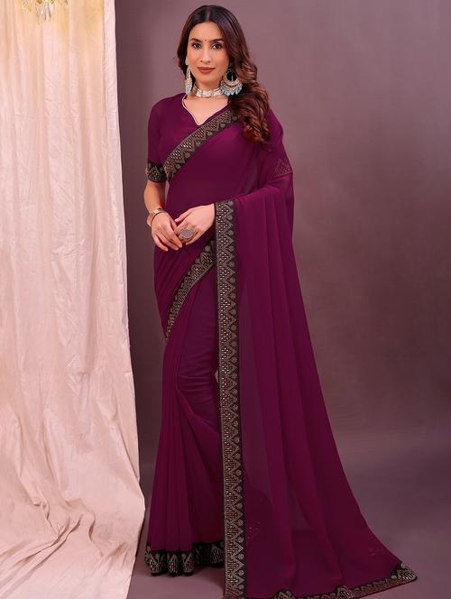 women solid with bordered saree with blouse - 22007237 - Standard Image - 0