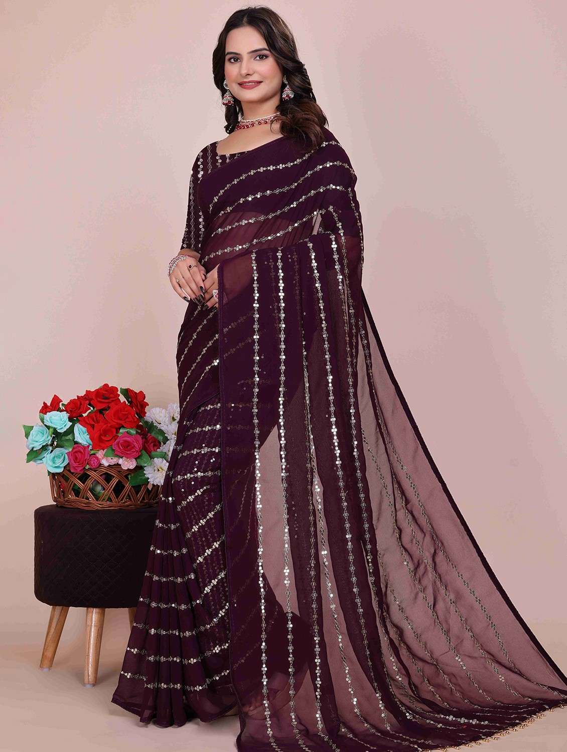 women solid with work embellished saree with blouse
