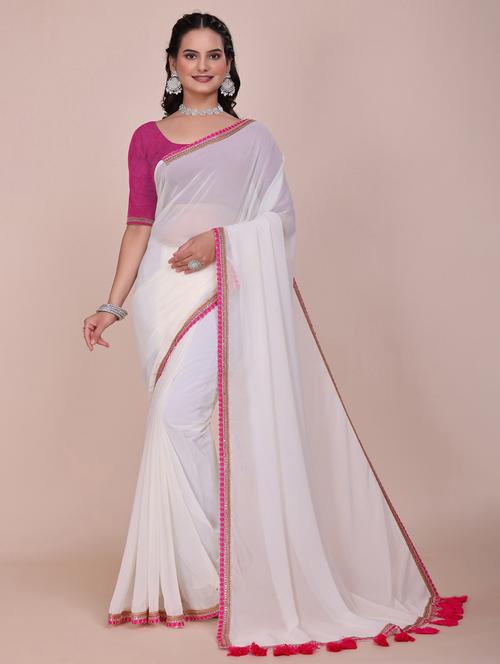 women solid with bordered saree with blouse - 22007253 - Standard Image - 0