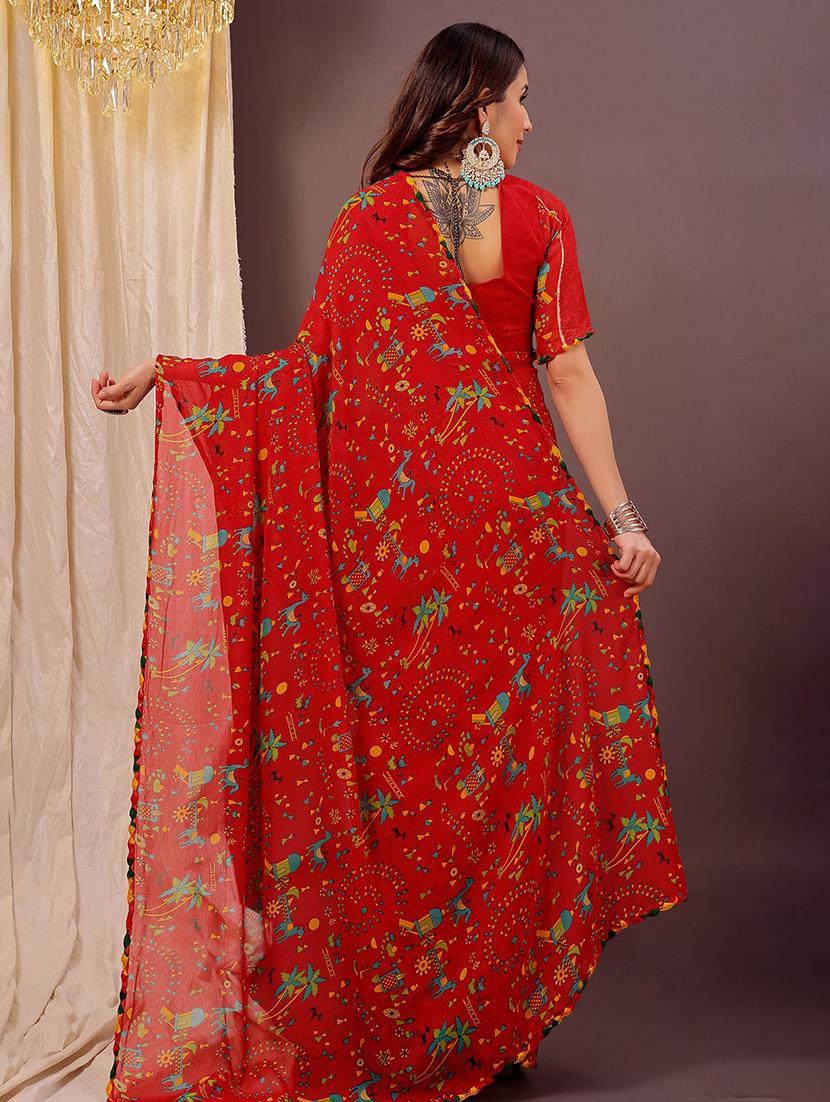 women red printed saree with blouse - 22007257 -  Standard Image - 1