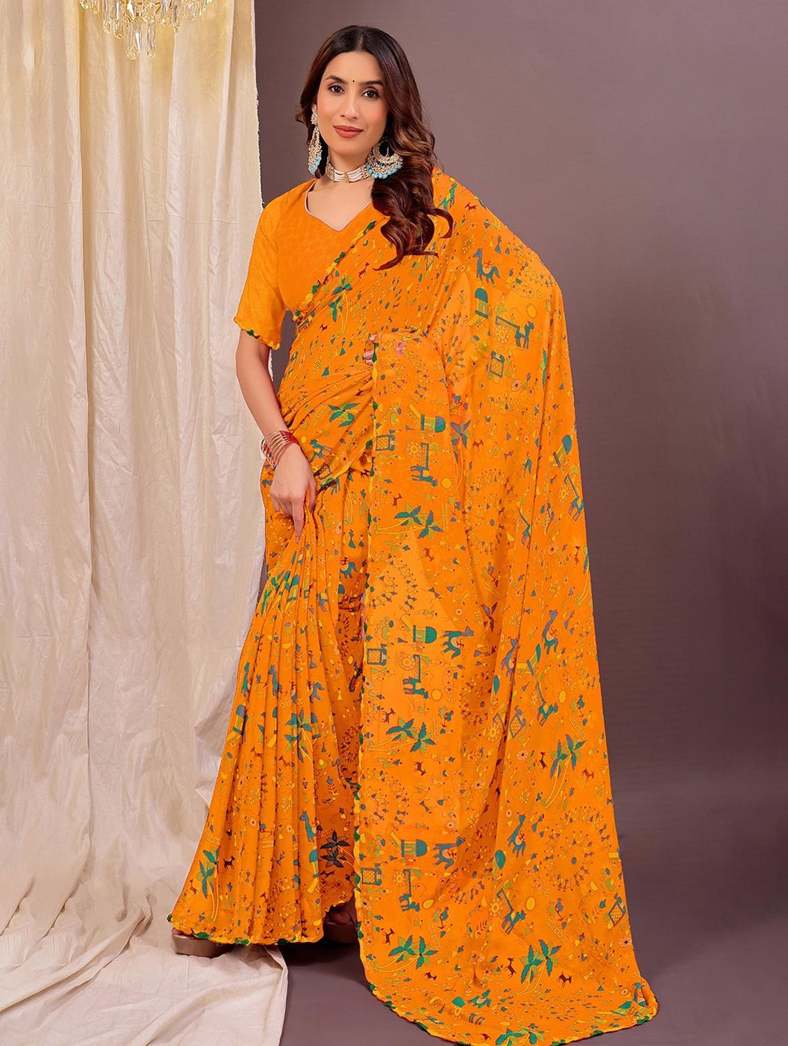 women yellow printed saree with blouse - 22007260 - Zoom Image - 0