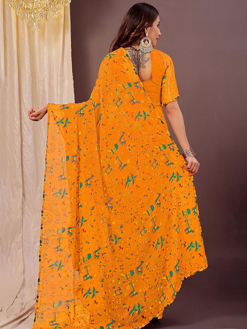 women yellow printed saree with blouse - 22007260 -  Standard Image - 1