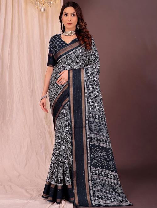 women black printed saree with blouse - 22007277 - Standard Image - 0