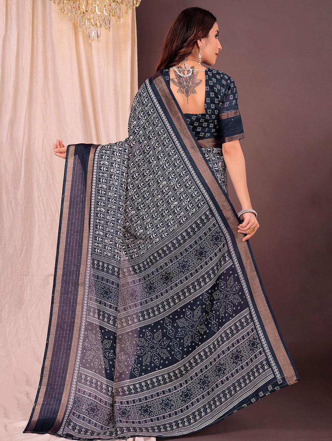 women black printed saree with blouse - 22007277 - Standard Image - 1