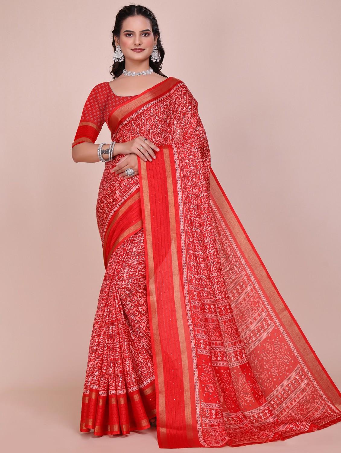 women red printed saree with blouse - 22007279 - Zoom Image - 0