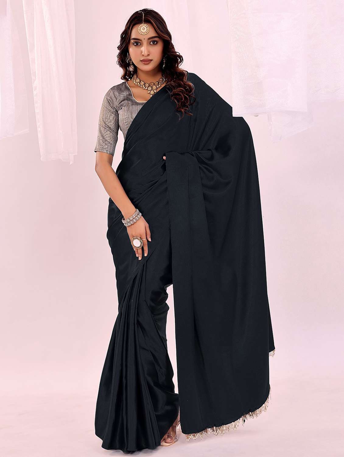 women embellished lace bordered saree with blouse