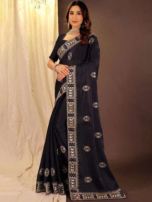 women solid with work embroidered saree with blouse - 22007299 -  Standard Image - 0