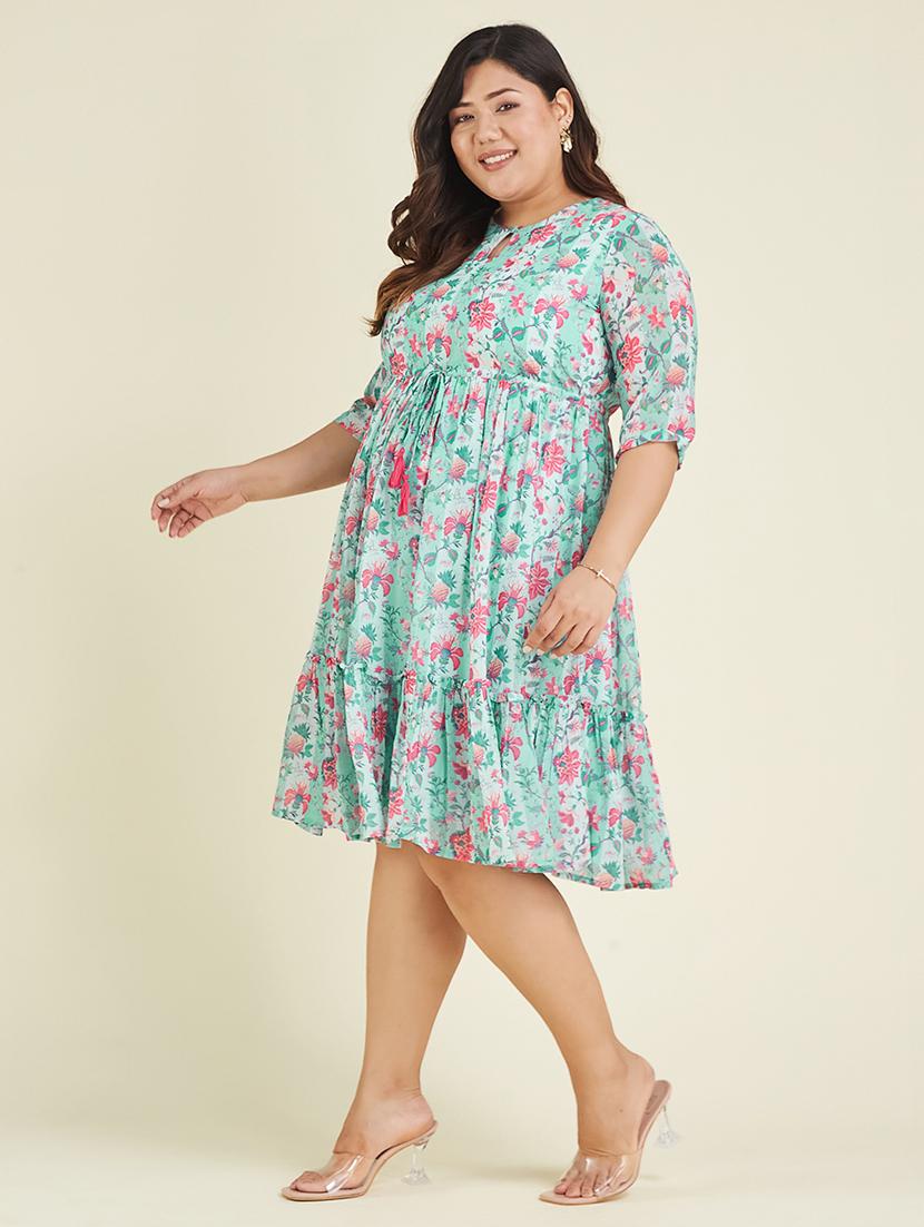 women plus size floral printed three quarter sleeve tiered dress - 22007304 -  Standard Image - 1