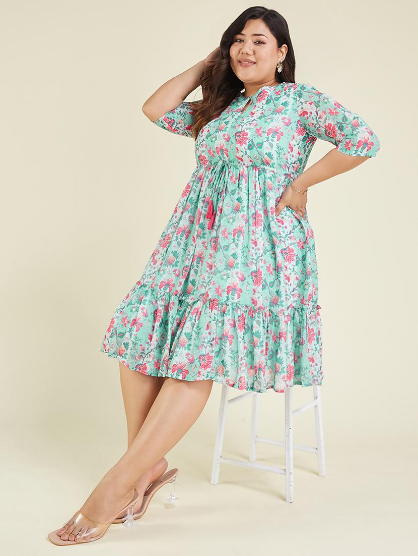 women plus size floral printed three quarter sleeve tiered dress - 22007304 - Standard Image - 4