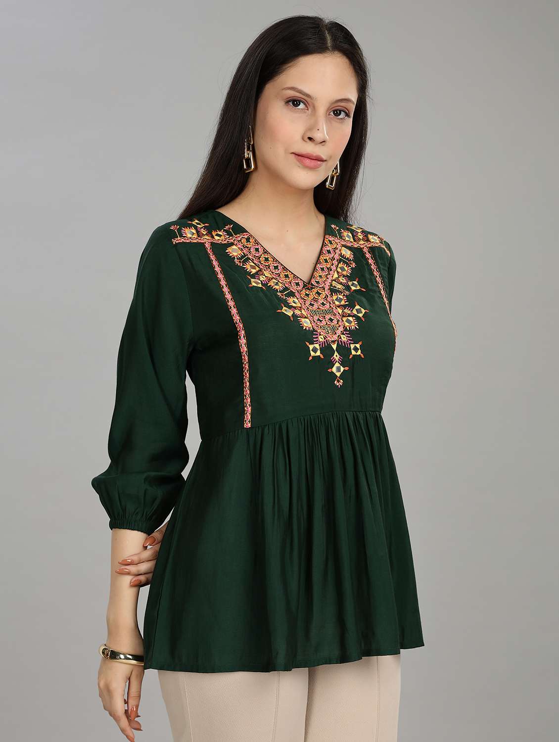 women solid with work puff sleeve ethnic top - 22007720 -  Standard Image - 1