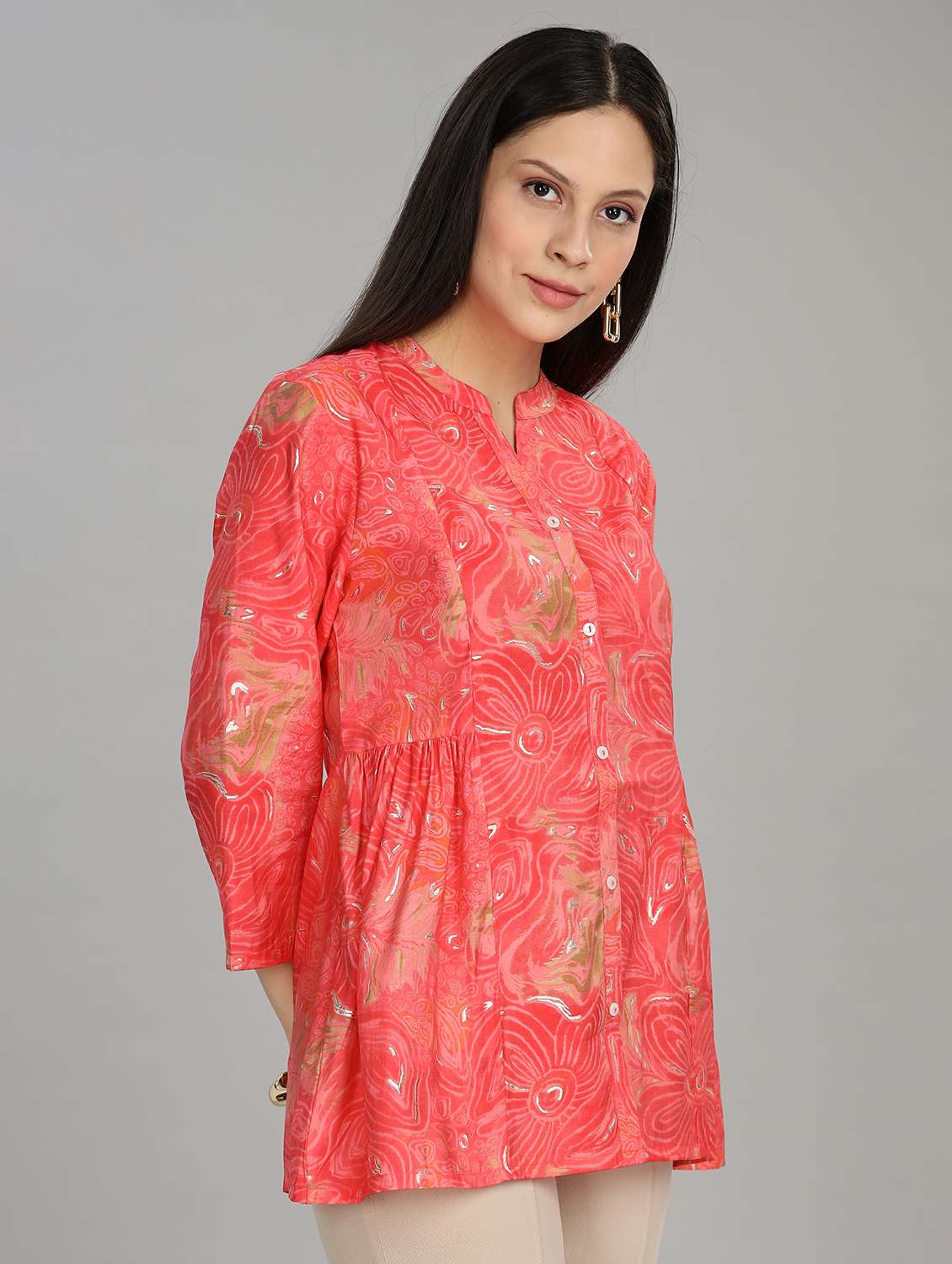 women printed three quarter sleeve ethnic top - 22007727 -  Standard Image - 1